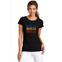 Qivi Sparco Logo Mavi Sarı Kırmızı Baskılı Siyah Kadın Örme T-shirt