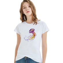 Qivi Watercolor Jellyfish Baskılı Beyaz Kadın T-shirt