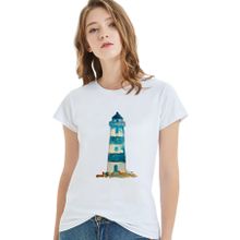 Qivi Watercolor Lighthouse Baskılı Beyaz Kadın T-shirt