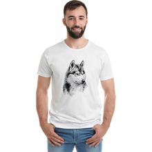 Qivi Wolf Kurt Sibirya Köpek Karakalem Çizim Baskılı Beyaz Erkek Örme T-shirt
