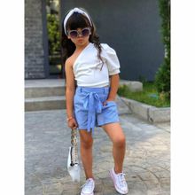 Quzucuk Kids Kız Çocuk Tek Omuzlu Bluz ve Mavi Şort Takımı