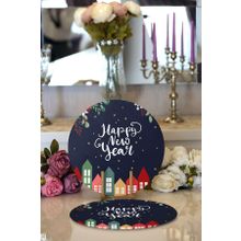 RealHomes 10103 2'li Happy New Year Tasarımlı Dijital Baskılı Dekoratif Yuvarlak Supla ve Servis Altlığı