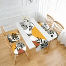 RealHomes Renkli Soyut Renkli Tropik Yaprak Tasarımlı 4 Yuvarlak Pofidik Sandalye Minderi ve 1 Runner Seti