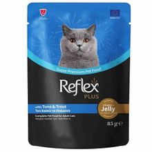 Reflex Plus Jöle İçinde Et Parçacıklı Ton Balıklı ve Alabalıklı Yetişkin 85 gr Kedi Konservesi