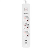 S-Link SPG03TC Beyaz 2 USB +1 Type C 5V2.4A 1.5 mt 3x1.00 mm Bakır 750 Joule 3'lü Anahtarlı Akım Korumalı Priz