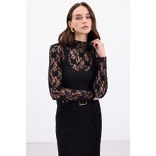 Sateen Transparan Dantel Bluz, 38, STN139KBL2107, Siyah, Kadın