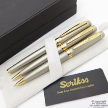 Scrikss 38 Saten Altın Roller + Tükenmez+Versatil Kalem Seti Scrikss Honour Yeni Ahşap-Deri