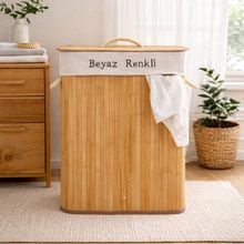 Simple Living 80 lt Bej Bambu Çift Hazneli Örme Çamaşır Sepeti