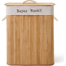 Simple Living Bambu Çift Hazneli Örme Çamaşır Sepeti - Bej - 80 Lt - 63 x 52 cm