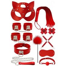 Sınırsızmarket 10 Parça Kırmızı Fantezi Set, Maske, Kelepçe, Kamçı, Tüy, Göz Bandı, Meme Ucu Klipsi, Tasma, Zincir, Yetişkin Oyun Seti