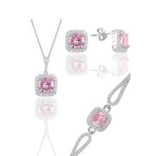 Söğütlü Silver Gümüş Rodyumlu Pembe Taşlı Kare Kolye Küpe ve Bileklik