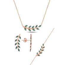 Söğütlü Silver SGTL10753 Rose Yeşil Taşlı Yaprak Kolye Ve Küpe Gümüş Set