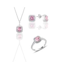 Söğütlü Silver SGTL10762 Gümüş Rodyumlu Pembe Taşlı Kare Üçlü Set