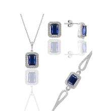 Söğütlü Silver SGTL11598 Gümüş Rodyumlu Safir Taşlı Baget Kesim Üçlü Set