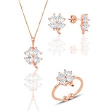 Söğütlü Silver SGTL11664 Gümüş Rose Zirkon Taşlı Yonca Kolye Küpe Ve Yüzük Üçlü Set