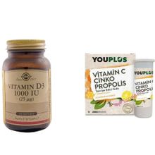 Solgar Vitamin D3 1000 IU 100 Kapsül + Youplus Vitamin C Çinko Propolis 20 Efervesan Tablet