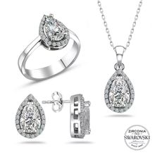 Swarovski Taşlı Sertifikalı Damla Gümüş Kolye Küpe Yüzük Set