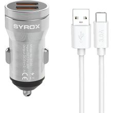 Syrox SC20T 3.1A Q.C. 3.0 1 mt USB-A Type-C Kablolu 2XUSB-A Port Çıkışlı Hızlı Gri Araç Şarj Cihazı