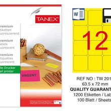 Tanex TW-2012 63.5x72 mm 100'lü Sarı Floresan Laser Etiket