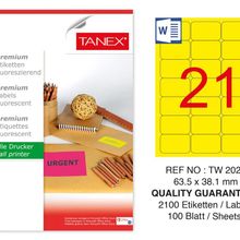 Tanex TW-2021 63.5x38.1 mm 100'lü Sarı Floresan Laser Etiket