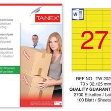 Tanex TW-2027 70x32.125 mm 100'lü Sarı Pastel Laser Etiket