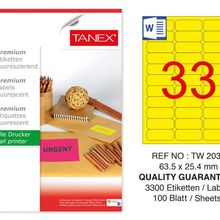 Tanex TW-2033 63.5x25.4 mm 100'lü Sarı Floresan Laser Etiket