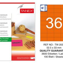Tanex TW-2035 52.5x33 mm 100'lü Turuncu Floresan Laser Etiket