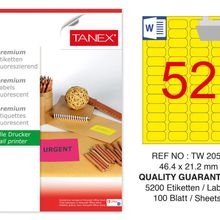 Tanex TW-2052 46.4x21.2 mm 100'lü Sarı Floresan Laser Etiket