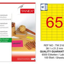 Tanex TW-2165 38.1x21.2 mm 100'lü Sarı Floresan Laser Etiket