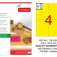 Tanex TW-2204 105x148.5 mm 100'lü Sarı Floresan Laser Etiket