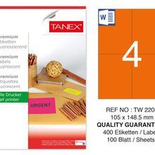 Tanex TW-2204 105x148.5 mm 100'lü Turuncu Floresan Laser Etiket