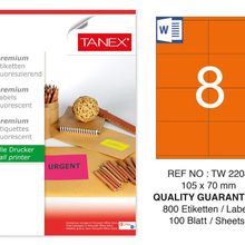 Tanex TW-2208 105x70 mm 100'lü Turuncu Floresan Laser Etiket
