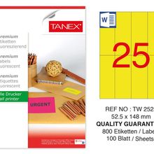 Tanex TW-2525 52.5x148.5 mm 100'lü Sarı Floresan Laser Etiket