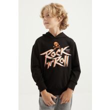 Tommy Life 11002 Siyah Yazı Baskılı Kanguru Cepli Kapüşonlu Standart Kalıp Erkek Çocuk Sweatshirt