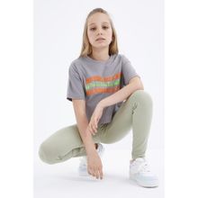 Tommy Life 75038 Oversize Renkli Yazı Baskılı Düşük Omuz O Yaka Gri Kız Çocuk Crop T-Shirt