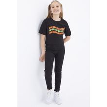 Tommy Life 75038 Oversize Renkli Yazı Baskılı Düşük Omuz O Yaka Siyah Kız Çocuk Crop T-Shirt