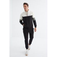 Tommy Life 85186 Siyah Renk Bloklu Minimal Yazı Baskılı Fermuarlı Standart Kalıp Erkek Eşofman Takımı