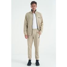 Tommy Life 85198 Bej Dik Yaka Fermuarlı Jogger Rahat Form Erkek Eşofman Takımı