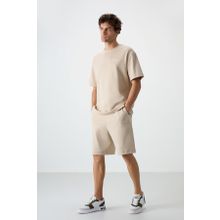 Tommy Life 85250 Bej Pamuklu Kalın Yumuşak Dokulu Oversize Fit Nakışlı Erkek Şortlu Takım