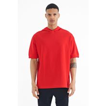 Tommy Life 88179 Kırmızı Kapüşonlu Kol Etiket Detaylı Oversize Erkek T-shirt