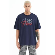 Tommy Life 88223 İndigo Yazı Nakışlı O Yaka Oversize Erkek T-shirt
