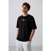 Tommy Life 88321 Siyah Beyaz Pamuklu Kalın Yumuşak Dokulu Oversize Fit Baskılı Erkek T-Shirt