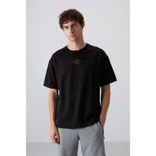 Tommy Life 88323 Siyah Pamuklu Kalın Yumuşak Dokulu Oversize Fit Baskılı Erkek T-Shirt