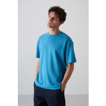 Tommy Life 88324 Petrol Mavi Pamuklu Kalın Yumuşak Dokulu Oversize Fit Baskılı Erkek T-Shirt