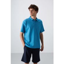 Tommy Life 88327 Petrol Mavi Pamuklu Kalın Yumuşak Dokulu Oversize Fit Basic Polo Yaka Erkek T-Shirt