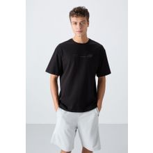 Tommy Life 88330 Siyah Pamuklu Kalın Yumuşak Dokulu Oversize Fit Baskılı Erkek T-Shirt