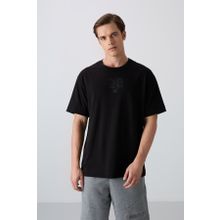 Tommy Life 88333 Siyah Pamuklu Kalın Yumuşak Dokulu Oversize Fit Baskılı Erkek T-Shirt