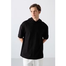 Tommy Life 88335 Siyah Pamuklu Kalın Yüzeyi Dokulu Oversize Fit Basic Erkek T-Shirt