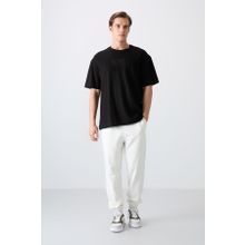 Tommy Life 88336 Siyah Pamuklu Kalın Yüzeyi Dokulu Oversize Fit Baskılı Erkek T-Shirt