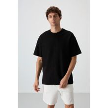 Tommy Life 88337 Siyah Pamuklu Kalın Yüzeyi Dokulu Oversize Fit Basic Erkek T-shirt